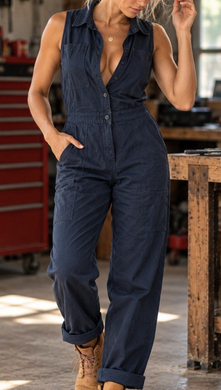 Duluth Trading Co Size L Navy Blue Sleeveless Utility Cargo Jumpsuit Overalls